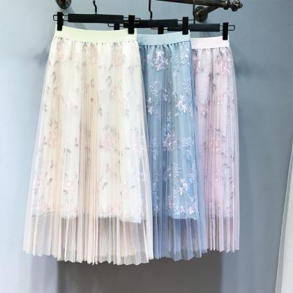 Embroidery Floral Pleated Lace High Waist Loose..