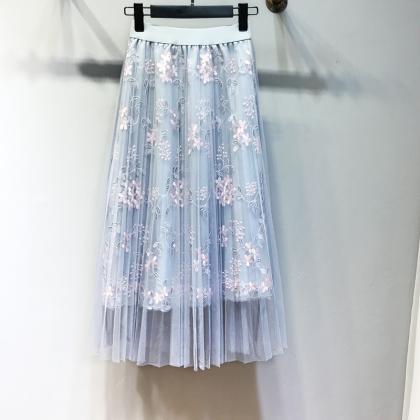 Embroidery Floral Pleated Lace High Waist Loose..