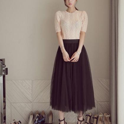 High Waist Mesh Pleated Mid-length Skirt