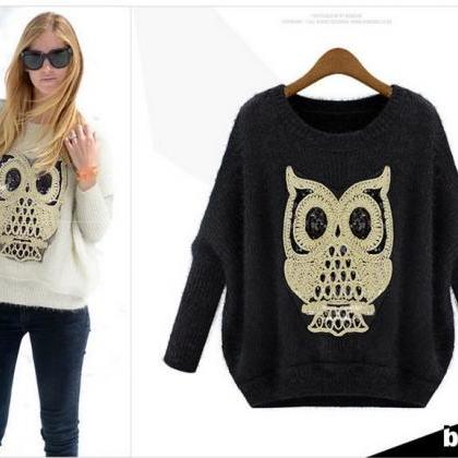 Loose Owl Irregular Bottom Knitting Sweater