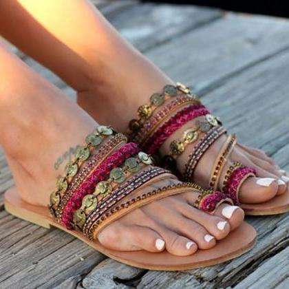 Hand Made Bohemian Beads Weave Women Slipper Thong..