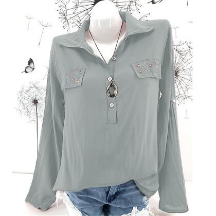 Loose V-neck Pure Color Long Sleeves Women Blouse