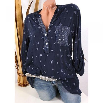 Strars Print V-neck Loose Blouse With Plus Size