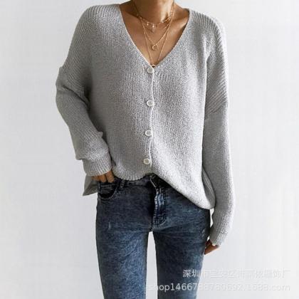 V-neck Buttos Loose Cardigan Women Sweater