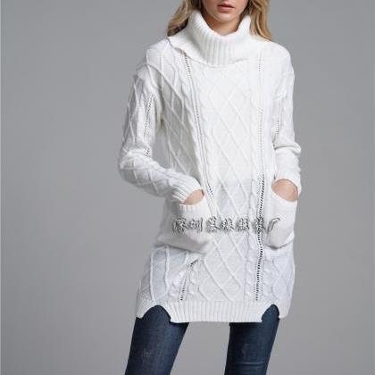 High Neck Split Cable Knit Pockets Long Pullover..