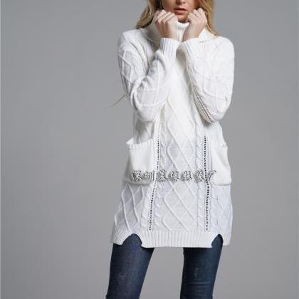 High Neck Split Cable Knit Pockets Long Pullover..