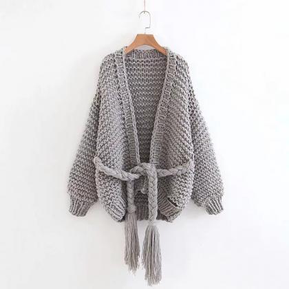 Hand Wave Knit Tassles Loose Long Lantern Sleeves..