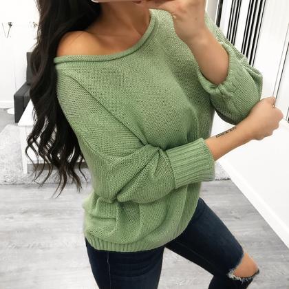 Crew Neck Solid Color Loose Pullover Women..