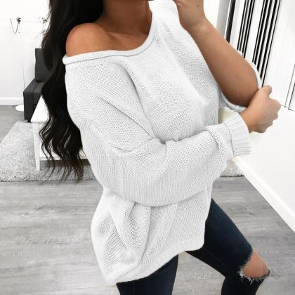 Crew Neck Solid Color Loose Pullover Women..