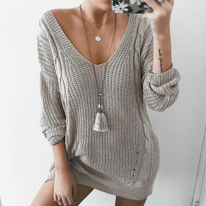 V-neck Cable Knit Loose Women Pullo..
