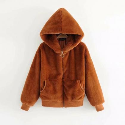 Faux Fur Pockets Solid Color Short Teddy Hooded..