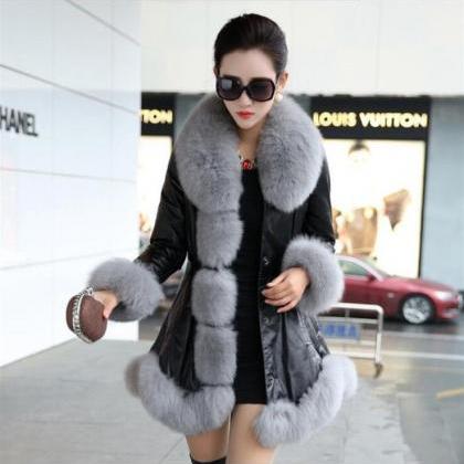 Faux Fur Collar And Cuff Patchwork Oversized Women..