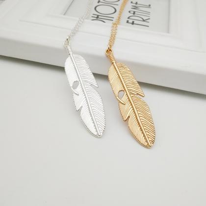 Bohemia Classic Feather Pendant Necklace Long Leaf..