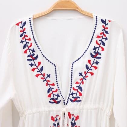 White Tie Waist Embroidered Beach Dress