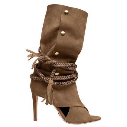 Sexy Suede Strap Peep Toe Calf Boots
