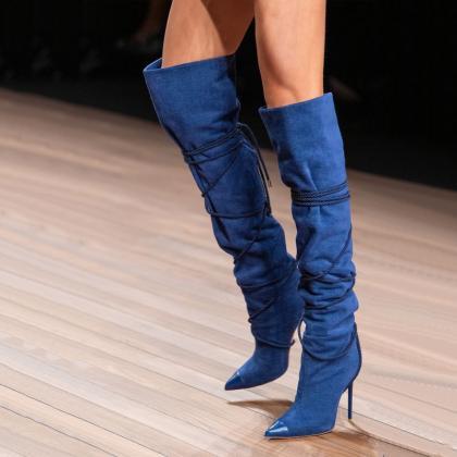 Blue Strap Pointed Toe High Heel Knee High Boots