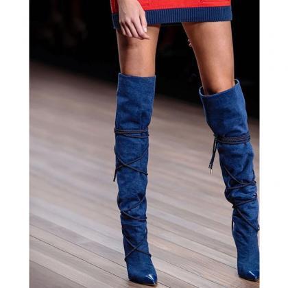 Blue Strap Pointed Toe High Heel Knee High Boots