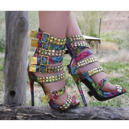 Party Buckles Rivet Leather Color Block High Heel..