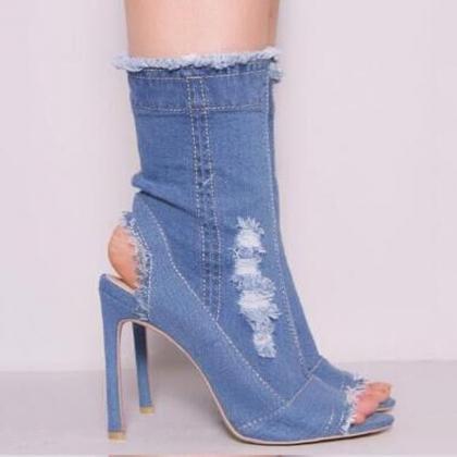denim peep toe boots