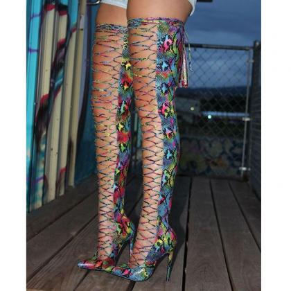 Party Snakeskin Strap Cutout Point Toe Thigh High..