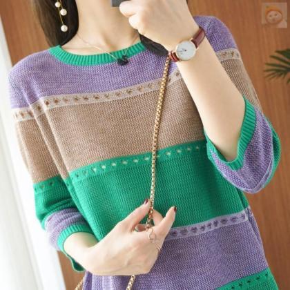 Loose Color Hollowed Out Thin Knitted Short Sleeve..