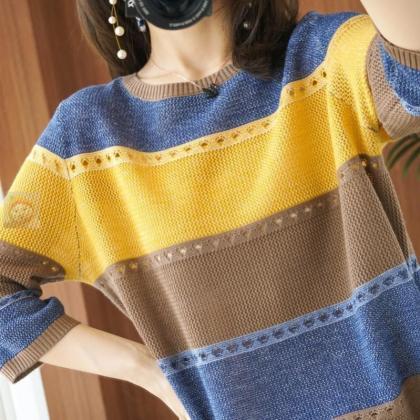 Loose Color Hollowed Out Thin Knitted Short Sleeve..