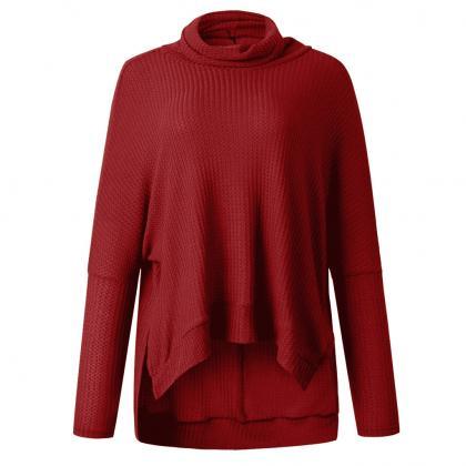 Red Pile Collar Low High Sweater