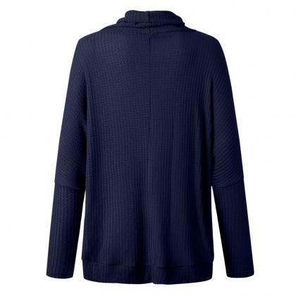 Navy Blue Pile Collar Low High Sweater