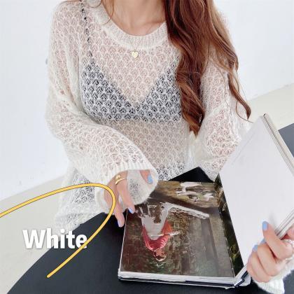 White Hollow Out Loose Sweater
