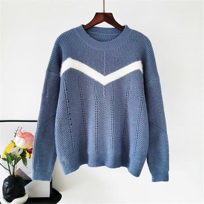 Blue Color Matching Stripe Loose Sweater