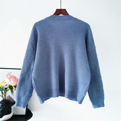 Blue Color Matching Stripe Loose Sweater