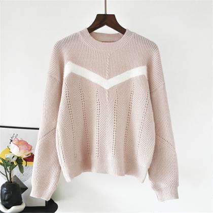 Pink Color Matching Stripe Loose Sweater