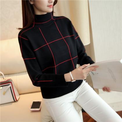 Black High Collar Striped Loose Sweater