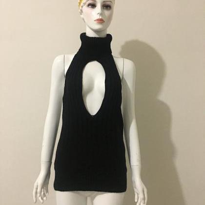Sexy Black Blackless Sleeveless Sweater Dress