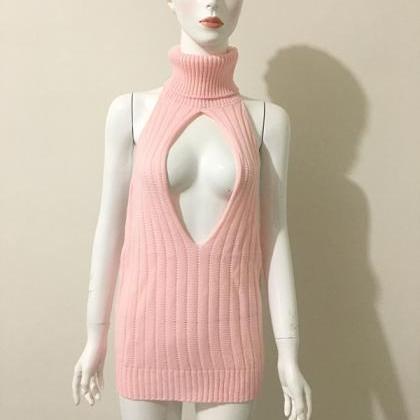 Sexy Pink Blackless Sleeveless Sweater Dress