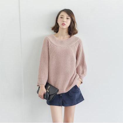 Pink Stripe Round Neck Drop Shoulder Loose Sweater
