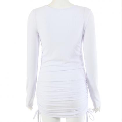 White Long Sleeve Soild Drawing Short Dress