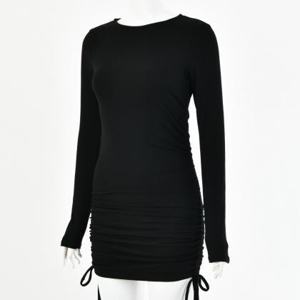 Black Long Sleeve Soild Drawing Short Dress