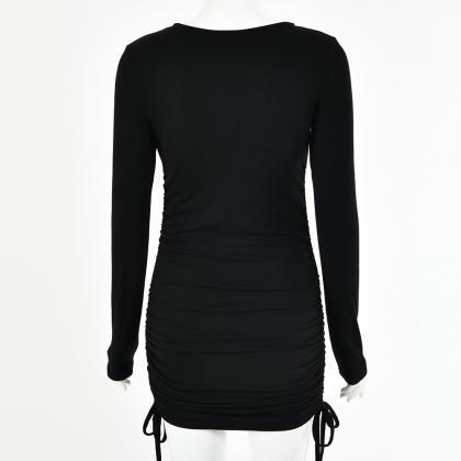 Black Long Sleeve Soild Drawing Short Dress