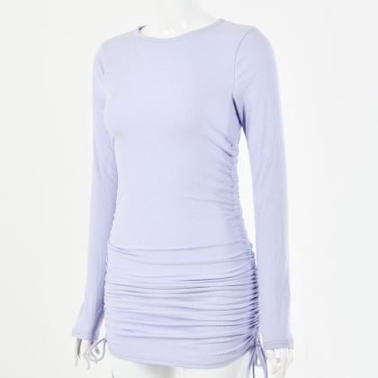 Light Purple Long Sleeve Soild Drawing Short Dress