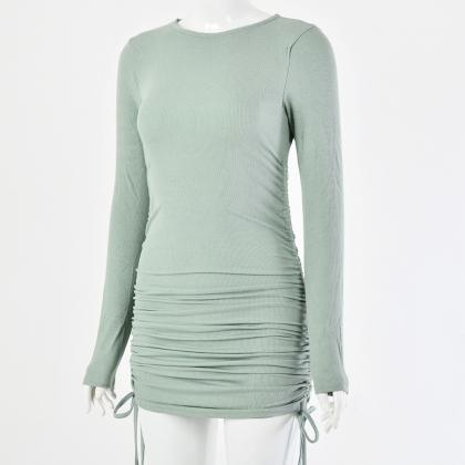 Green Long Sleeve Soild Drawing Short Dress