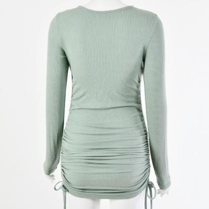 Green Long Sleeve Soild Drawing Short Dress
