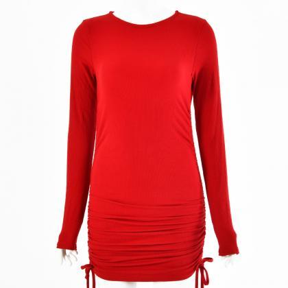 Red Long Sleeve Soild Drawing Short Dress