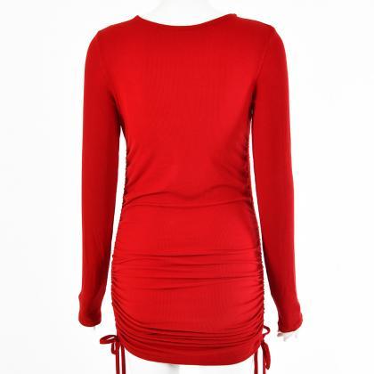 Red Long Sleeve Soild Drawing Short Dress