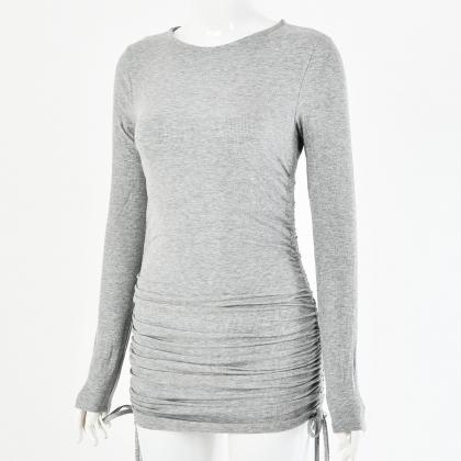 Gray Long Sleeve Soild Drawing Short Dress