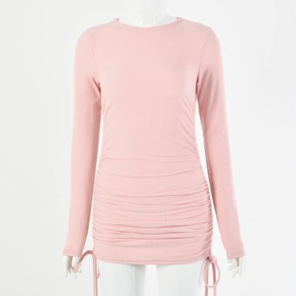 Pink Long Sleeve Soild Drawing Short Dress
