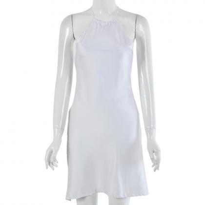 White Backless Satin Tie Waist Short Dress