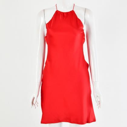 Red Backless Satin Tie Waist Short Dress