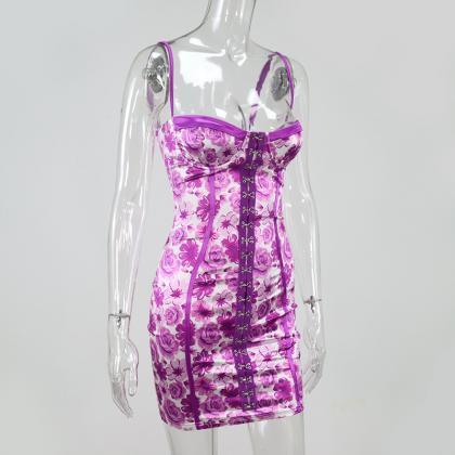 Purple Low Cut Floral Sling Short Dress