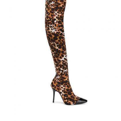 Fashion Leopard Pointed Toe Stretch Over Knee..